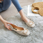 2022 Summer New Temperament Square Buckle Snowflake Rhinestone Pressed Satin Shallow Mouth Square Toe Metal Single Shoe Flat Shoes 555-12