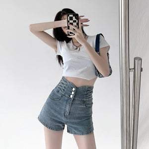 JEANS washed retro denim shorts women's 2022 new Korean version of the ultra-high waist thin niche a-line hot pants 228