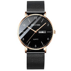 Belushi  541 2019 Men Watch Ultra Slim Steel Mesh Quartz Wristwatch Dual Calendar Simple Black Clock Male Watch