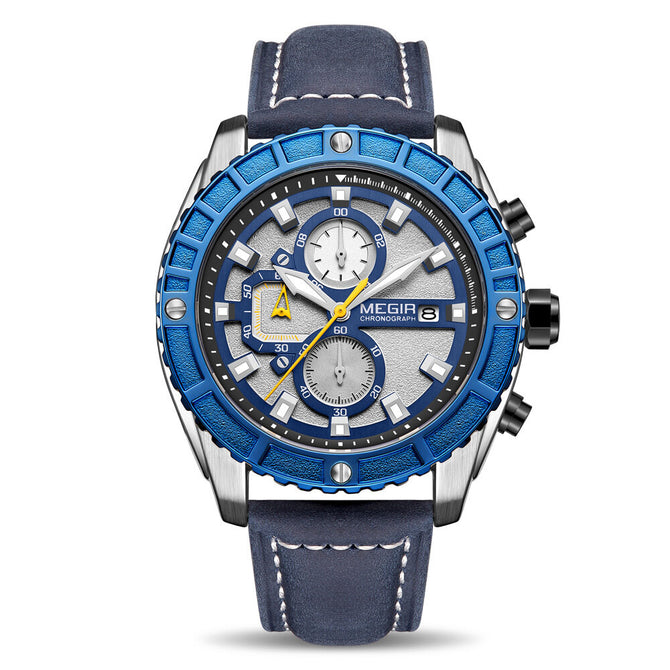 Megir Men's Watch Fashion Blue Timing Stereo Plate Leather Sports men calendar waterproof Watch 2119