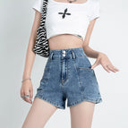 JEANS retro denim shorts women's 2022 summer new high-waisted thin double-button elastic loose A-line pants 7079