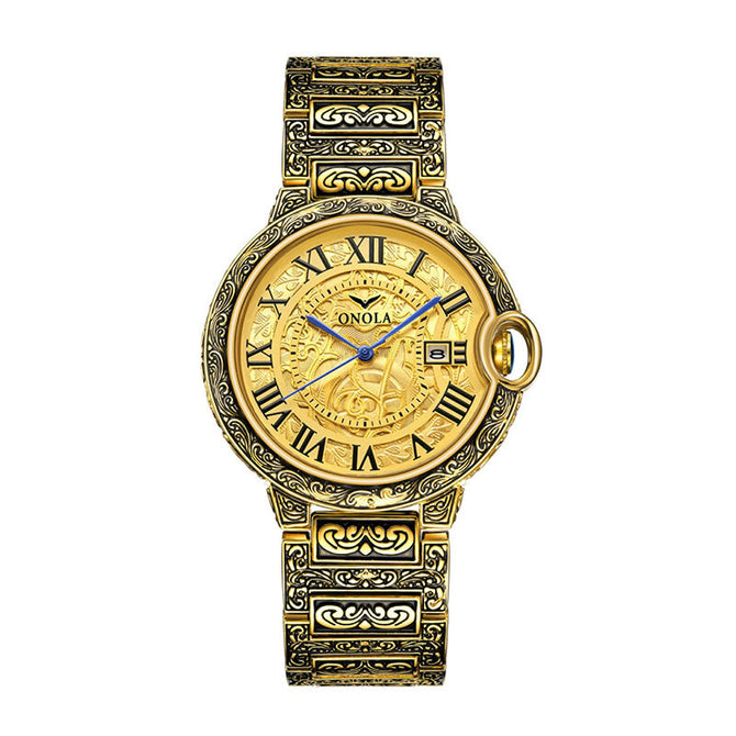 ONOLA ON3813 classic fashion retro men's large plate gold watch steel strap watch men's