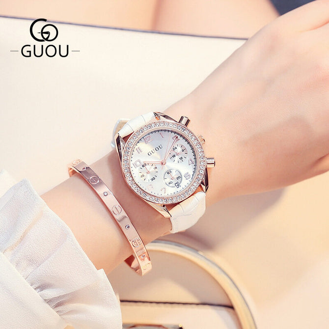Hong Kong GUOU 8103 Disc Large Dial Quartz Watch Personality Multifunctional Three Eyes Full Diamond Belt Watch