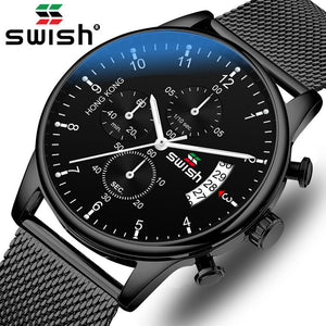 Swish new men's watch multi-functional waterproof luminous calendar men's watch three eye six needle mesh belt quartz watch 921