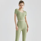 New yoga sets sports short sleeve integrated cup summer high waist running fitness pants yoga suit DXM127+CKM313