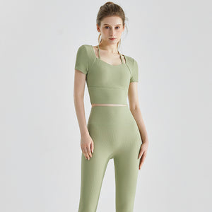 New yoga sets sports short sleeve integrated cup summer high waist running fitness pants yoga suit DXM127+CKM313