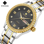 WWOOR 8856 Couple Watch Waterproof Luminous Watch Butterfly Snap Button Steel Strap Watch Strap Men's Diamond Gold Watch