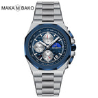 Makambako men's watch Sun Moon Star Multi-Function Waterproof Watch Men's Stainless Steel Octagonal Shell Calendar Watch
