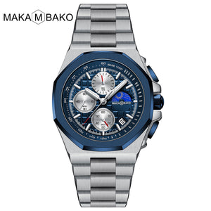 Makambako men's watch Sun Moon Star Multi-Function Waterproof Watch Men's Stainless Steel Octagonal Shell Calendar Watch