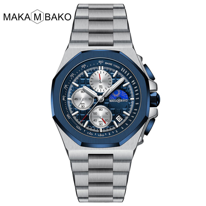 Makambako men's watch Sun Moon Star Multi-Function Waterproof Watch Men's Stainless Steel Octagonal Shell Calendar Watch