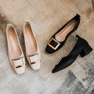 Korean version metal buckle loafers women's medium heel shoes new thick heels summer casual shallow mouth women's shoes 772-7