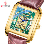 CHENXI Square Skeleton Automatic Mechanical Watch Men's fashion Leather Waterproof men's casual Watch CX-8816