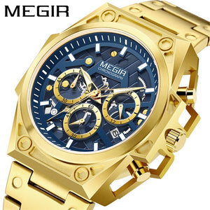 Megir Watch Men Stainless Steel Hollowed Fashion Sports Timing Quartz Steel Timepiece 4220