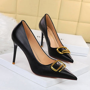 1932-7 ladies high heels wedding shoes bridesmaid shoes Korean fashion banquet high heels women's shoes stiletto high heels shallow mouth pointed metal buckle decoration daily wearable single shoes