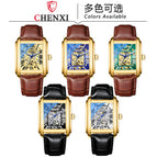 CHENXI Square Skeleton Automatic Mechanical Watch Men's fashion Leather Waterproof men's casual Watch CX-8816