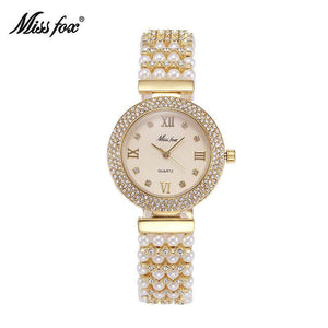 MISSFOX Watch for women fashion trend diamond pearl strap ladies quartz watch 2300/2180