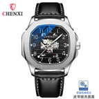 CHENXI new leather high-end square mechanical watch men's waterproof luminous automatic hollow mechanical watch CX-8813