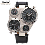 Oulm watch for men Double Time Zone Men's leather Watch Large Dial Compass Quartz watch HP9415