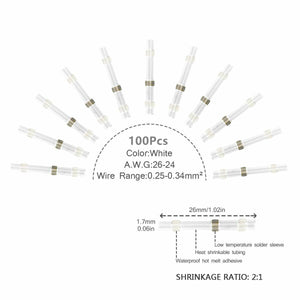 100/500/1000PCS Waterproof Solder Seal Sleeve Splice Terminals Heat Shrink Electrical Wire Butt Connectors AGW26-24 Kit
