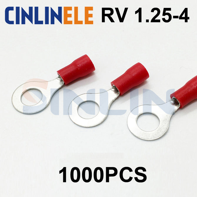 1000pcs Crimp Terminal RV1.25-4 22-16AWG 0.25-1.65mm^2 Crimp terminals Red Ring Terminal Brass RV1-4