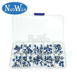 100Pcs/Box RM065 Carbon Film Horizontal Trimpot Potentiometer Assortment Kit 10 Values Variable Resistor 500R - 1M