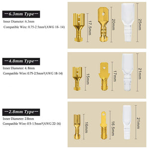 100Pcs/Lot 2.8/4.8/6.3mm Female and Male Crimp Terminal Connector Gold Brass/Silver Car Speaker Electric Wire Connectors Set