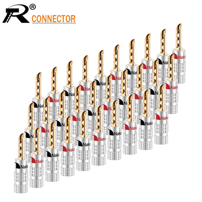 100pcs Nakamichi Banana plug 24K Gold Plated Copper BFA 4mm Banana connector Male Speaker plug black&red