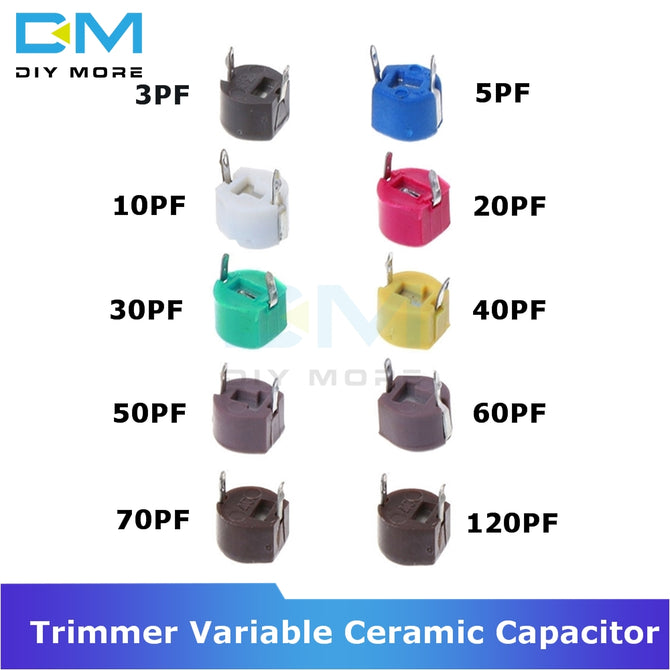 10PCS 6mm Trimmer Variable Ceramic Capacitor 3PF 5PF 10PF 20PF 30PF 40PF 50PF 60PF 70PF 120PF Adjustable capacitors for Arduino