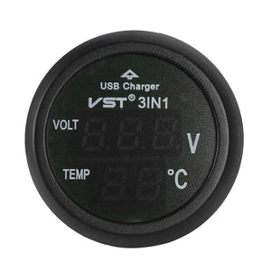 12V/24V Digital Meter Monitor 3 in 1 LED USB Car Charger Voltmeter Thermometer Car Battery Monitor LCD Digital Dual Display
