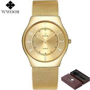 2017 Top Luxury Brand WWOOR Men Ultra Thin Waterproof Gold Watch Men's Quartz Analog Clock Male Sports Watches relogio masculino