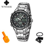 2019 New Luxury Brand WWOOR Men Sport Watches Men's Quartz Digital Analog Clock Man Full Steel Wrist watch relogio masculino BOX