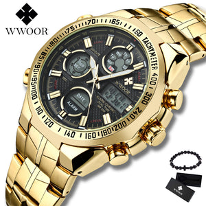 2019 New Luxury Brand WWOOR Men Sport Watches Men's Quartz Digital Analog Clock Man Full Steel Wrist watch relogio masculino BOX