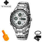 2019 New Luxury Brand WWOOR Men Sport Watches Men's Quartz Digital Analog Clock Man Full Steel Wrist watch relogio masculino BOX