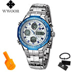 2019 New Luxury Brand WWOOR Men Sport Watches Men's Quartz Digital Analog Clock Man Full Steel Wrist watch relogio masculino BOX
