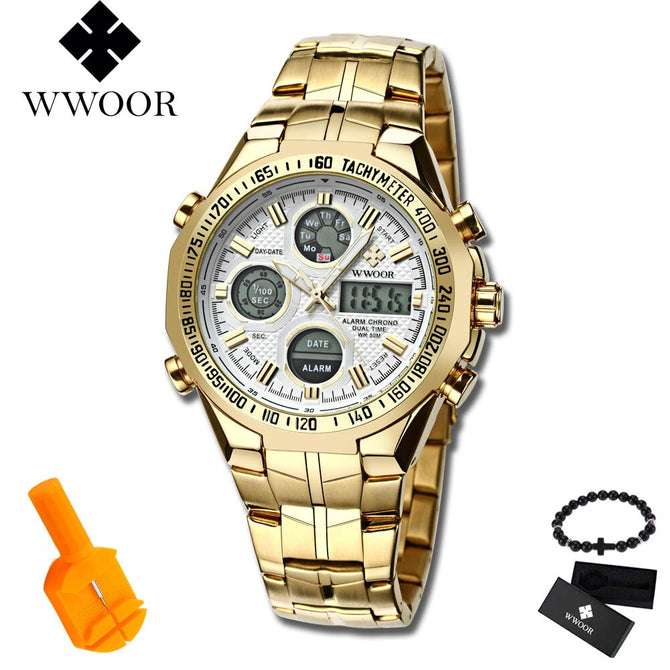 2019 New Luxury Brand WWOOR Men Sport Watches Men's Quartz Digital Analog Clock Man Full Steel Wrist watch relogio masculino BOX