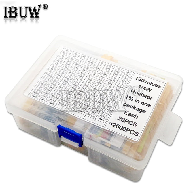 2600PCS 130 Values 1/4W 0.25W 1% Metal Film Resistors Assorted Pack Kit Set Lot Resistors Assortment Kits Fixed resistor
