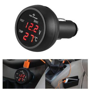 3 in 1 12/24V Voltmeter Car Monitor Display USB Charging Charger For Phone Tablet GPS LED Digital Voltmeter Gauge Thermometer
