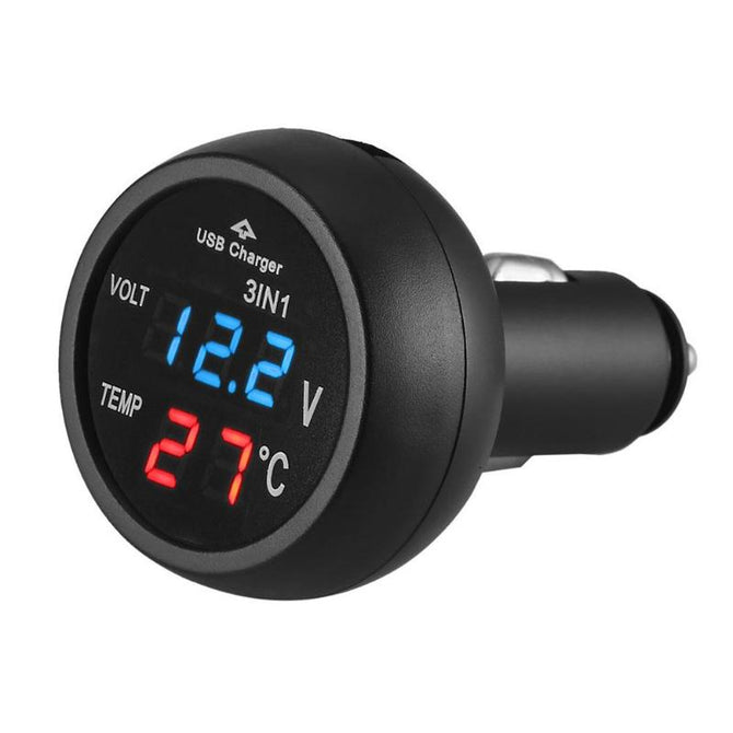 3 in 1 12/24V Voltmeter Car Monitor Display USB Charging Charger For Phone Tablet GPS LED Digital Voltmeter Gauge Thermometer