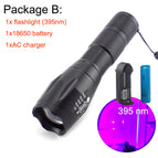 365nm 395nm high power UV Led Flashilight zoom Fluorescent Blacklight Ultraviolet 18650 flash Lamp light Torches for detection