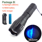 365nm 395nm high power UV Led Flashilight zoom Fluorescent Blacklight Ultraviolet 18650 flash Lamp light Torches for detection