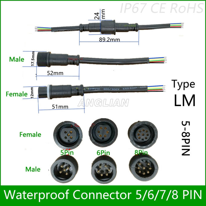 5 pairs Waterproof connector Current 2.4A/4A 5 pin / 6 pin / 7 pin / 8pin with wire cable IP67 female male plug 0.3/0.5 (mm2)