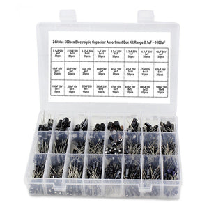 500Pcs/lot 0.1UF-1000UF 24 Values Aluminum 16-50V Mix Electrolytic Capacitor Assorted Kit And Storage Box