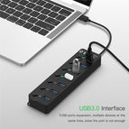 7/4 Ports USB 3.0 Hub High Speed Splitter On/Off Switch Charger Dock Station