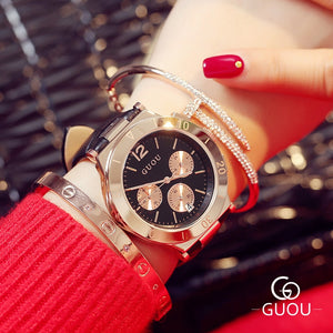 AAA Top Brand GUOU 3 Eyes Fashion Casual Dress Genuine Leather Quartz Watch Women Wristwatches Relogio Feminino Dropshipping