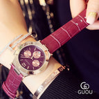 AAA Top Brand GUOU 3 Eyes Fashion Casual Dress Genuine Leather Quartz Watch Women Wristwatches Relogio Feminino Dropshipping