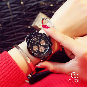 AAA Top Brand GUOU 3 Eyes Fashion Casual Dress Genuine Leather Quartz Watch Women Wristwatches Relogio Feminino Dropshipping