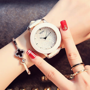 Fashion GUOU Brand Luxury Diamond Ceramic Shell Women Dress Casual Clocks Real Leather Full Rhinestone Dial Gift Dress Watches