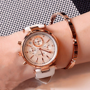 Fashion GUOU Brand Real 3 Eyes Waterproof Leather Or Rose Gold Steel Analog Calendar Wristwatches Wrist Watch for Women Girls