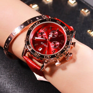 Fashion GUOU Brand Women's Watche Waterproof Leather Or Rose Gold Steel Analog Calendar Wristwatches Wrist Watch for Women Girls