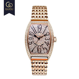 Fashion Guou 8200 Top Brand Luxury Man Watch Rose Gold Quartz Dress Full Rhinestone Barrel Casual Genuine leather & Steel Hight Gift